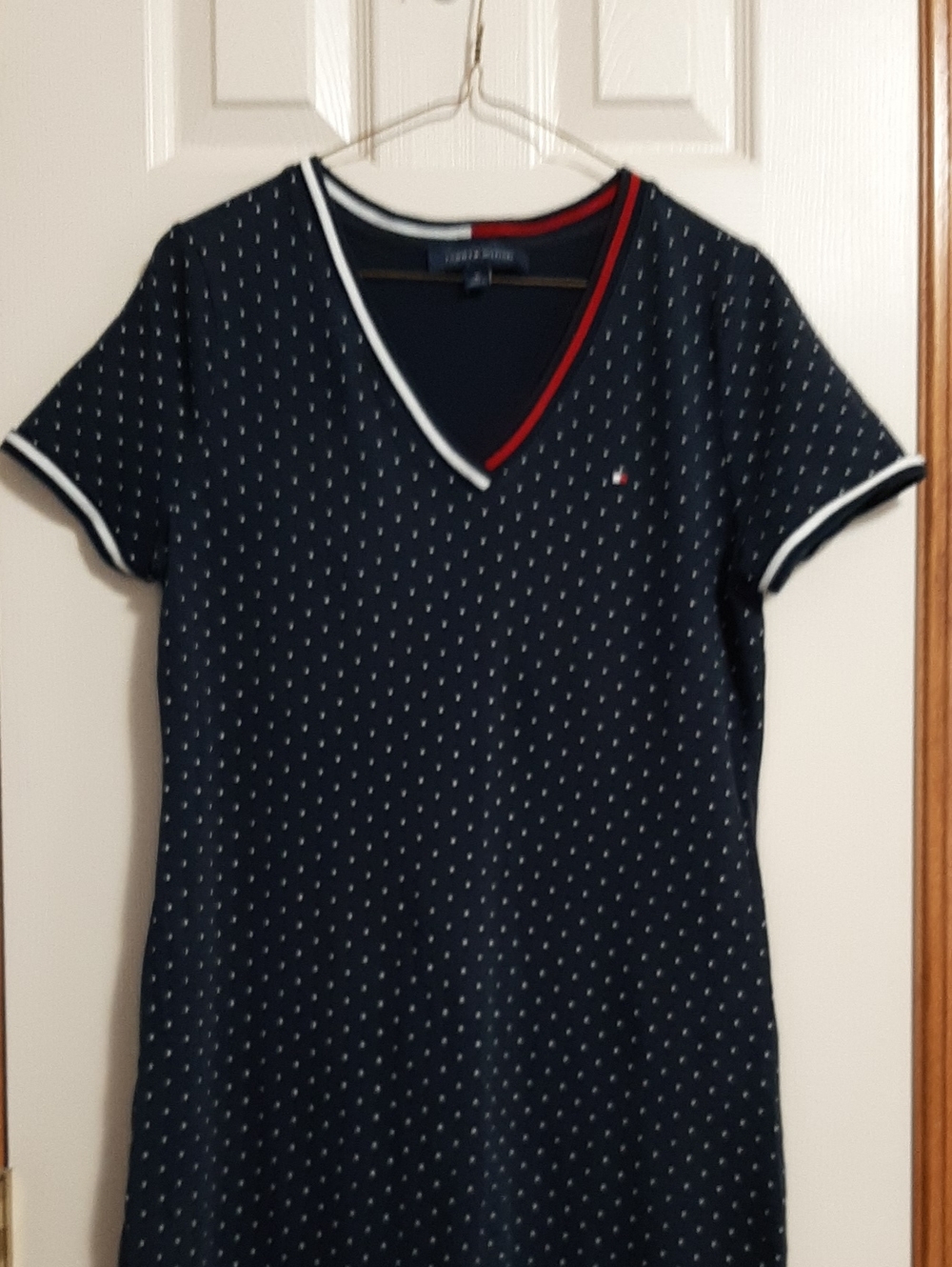Tommy Hilfiger Navy Polka Dot Maxi Dress with Red-Trim V-Neck